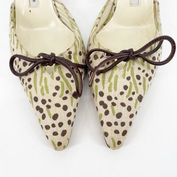Manolo Blahnik Vintage Beige Green Brown Canvas Bow Pointed Toe Mules IT 36.5 - Picture 7 of 11